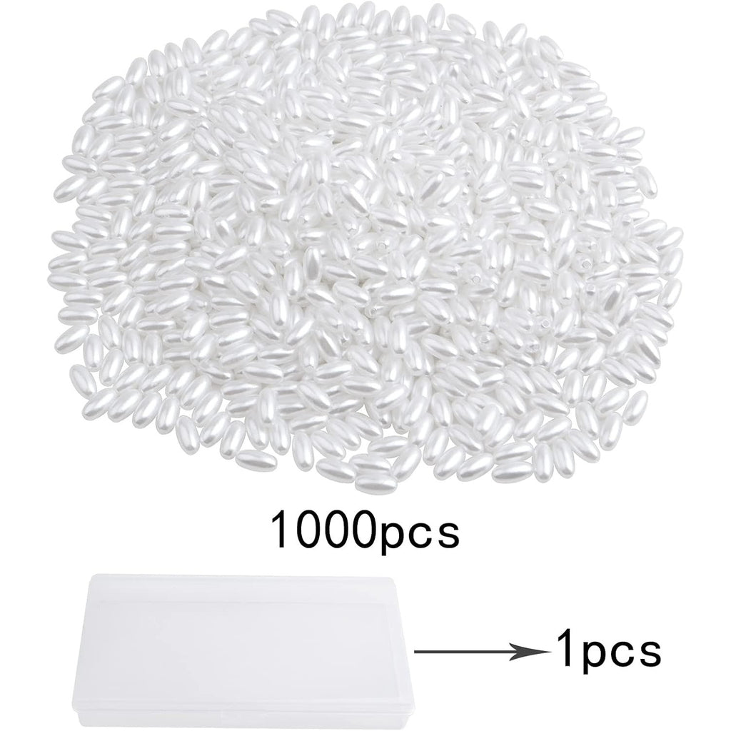1000pcs White Long Pearl Beads Smooth Ball Imitation Pearl Beads Plastic Oval Rice Shape Spacer Beads with a Plastic Box for DIY Bracelets Jewelry Making Craft Decoration