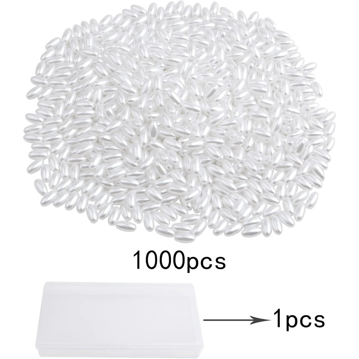 1000pcs White Long Pearl Beads Smooth Ball Imitation Pearl Beads Plastic Oval Rice Shape Spacer Beads with a Plastic Box for DIY Bracelets Jewelry Making Craft Decoration