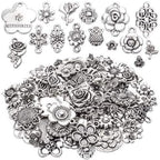 100g Craft Supplies Mixed Rose Flower Charms Pendants Alloy Flower Charm Beads Link Connectors for DIY Bracelet Necklace Keychain Jewelry Making, Antique Silver