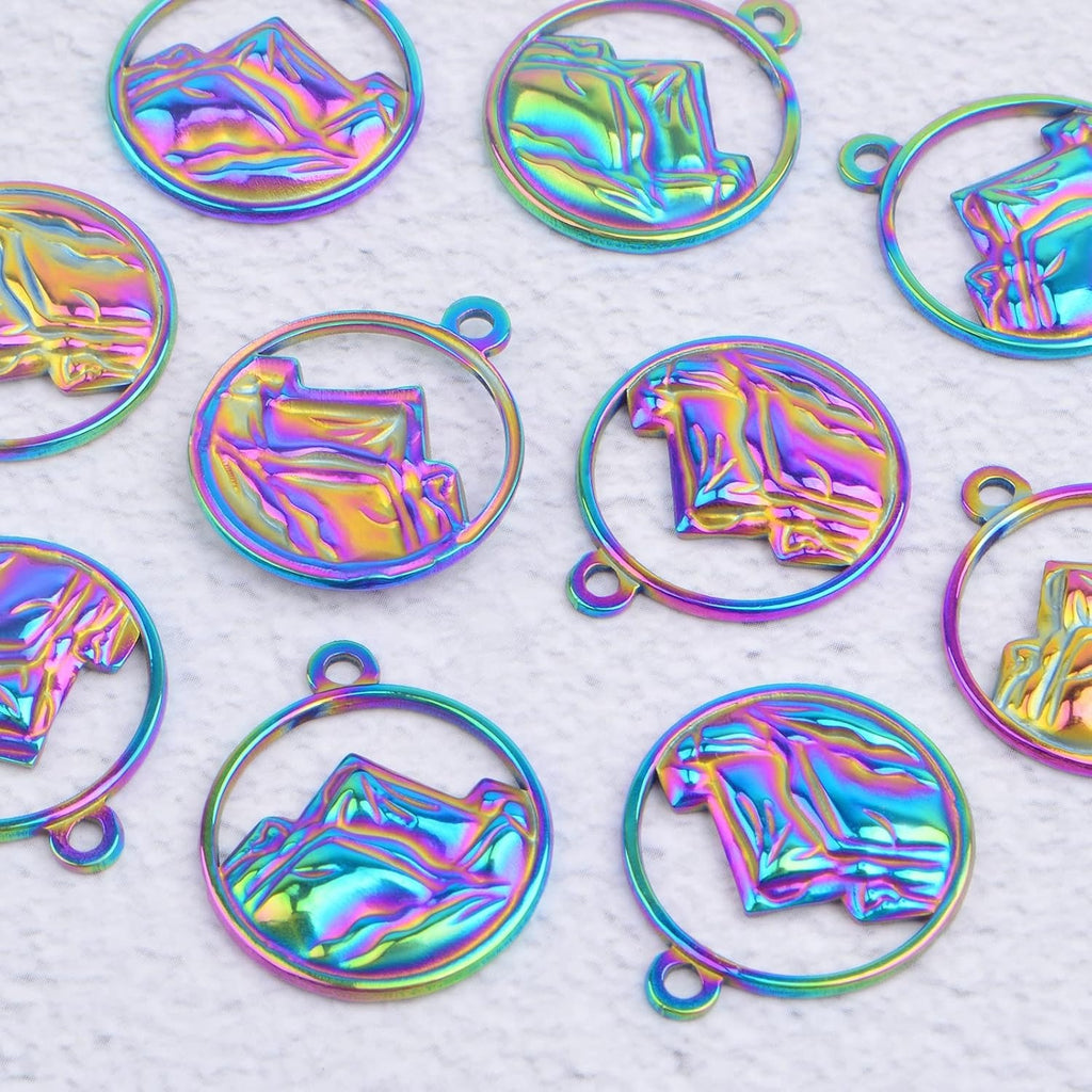 10pcs Stainless Steel Flat Round Mountain Range Charms Hypoallergenic Hollow Sea Mountain Dangle Pendants for DIY Necklace Bracelet Crafts Jewelry Making, Rainbow Color