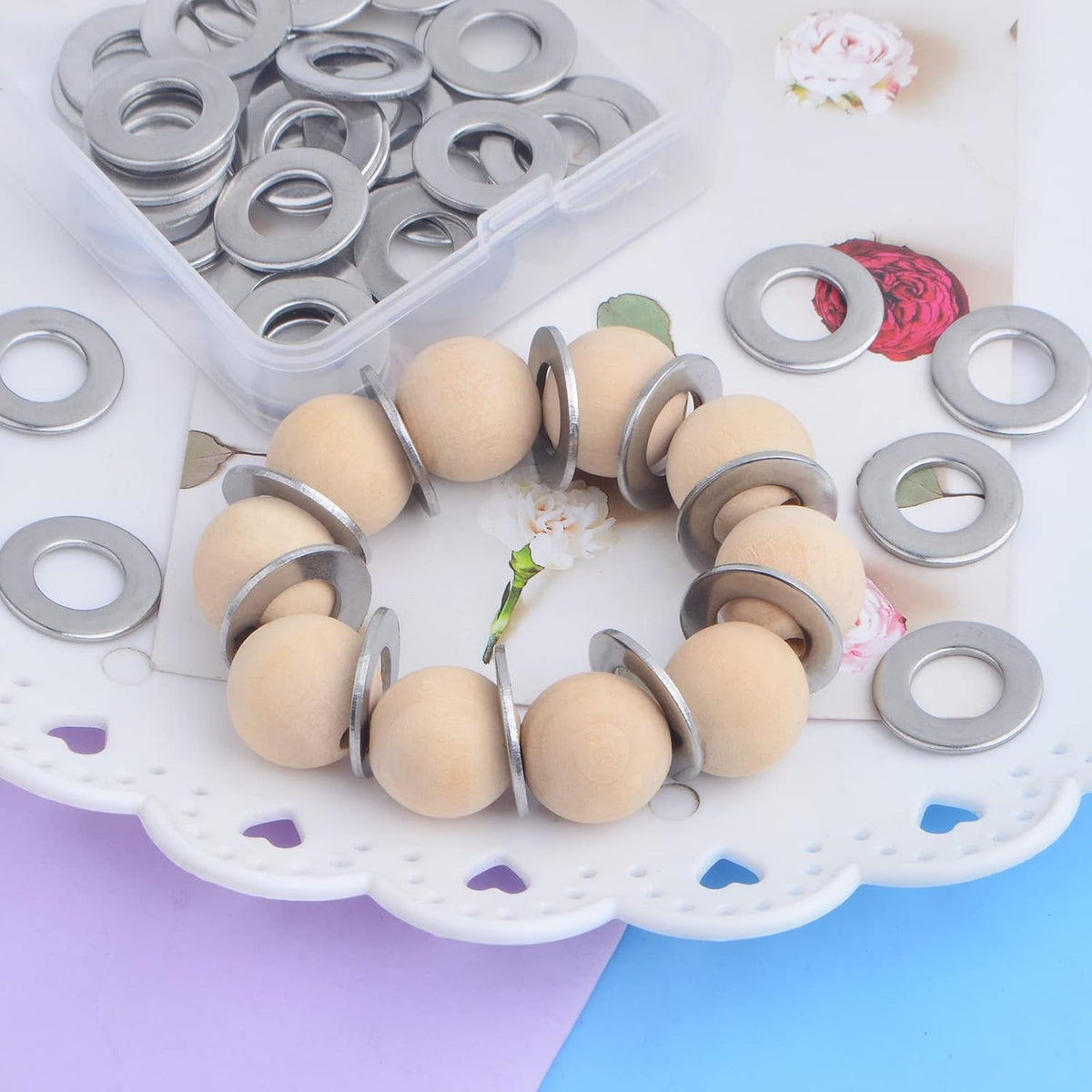 50pcs 20 mm Flat Round Spacer Beads Disc Loose Beads Zinc Nickel Ring Slider Beads Carbon Steel Spacers with a Plastic Box for DIY Bracelet Necklace Jewelry Making Supplies
