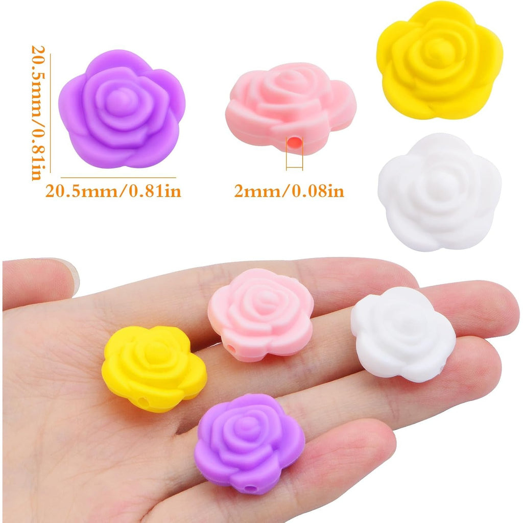 20 Pieces 20.5 mm Rose Flower Silicone Beads Soft Rubber Roses Shape Focal Loose Beads Handmade Accessories for DIY Necklace Bracelet Keychains Jewelry Making Projects, 4 Colors