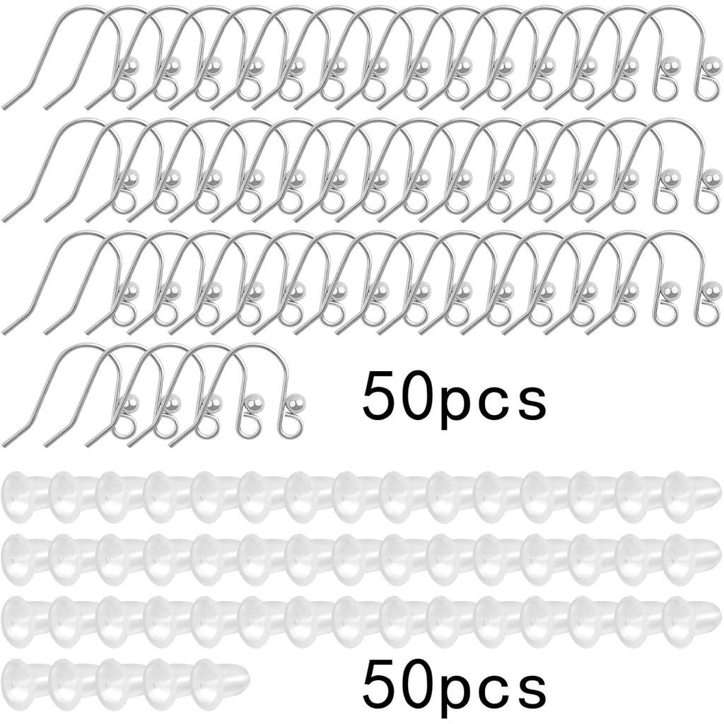 50pcs Stainless Steel French Earring Hooks Hypo-allergenic Ear Wires Ball Fish Hooks with 50pcs Clear Bullet Earring Backs for DIY Dangle Earrings Jewelry Making