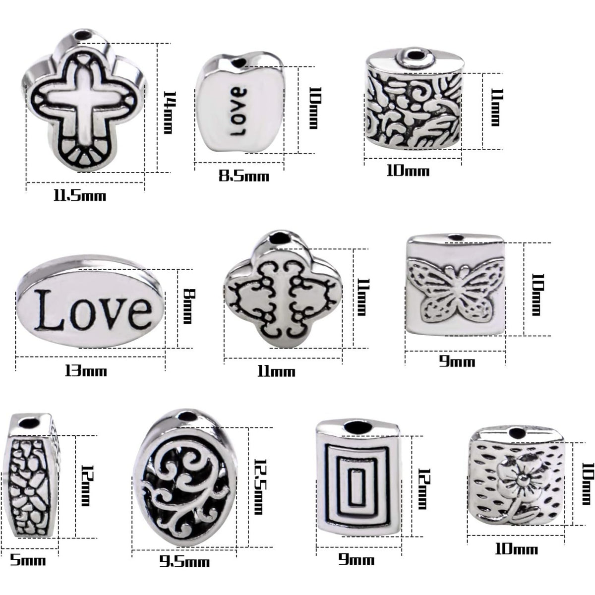 100g (About 70-120pcs) Antique Silver Spacer Beads Mixed Small Tibetan Loose Beads for Bracelet Necklace Jewelry Making,5-12mm