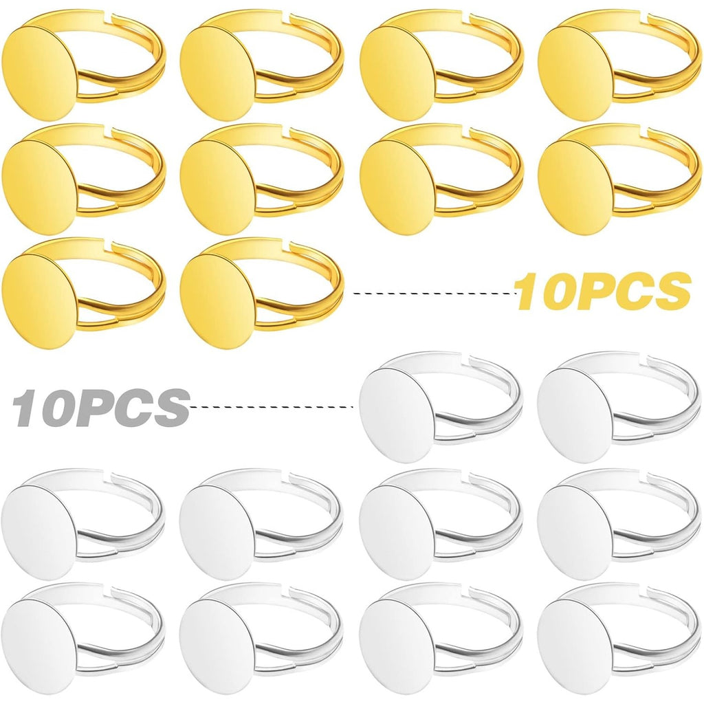 20 Pieces Metal Blank Rings Adjustable Finger Ring Flat 12mm Round Ring Base Blanks Jewelry Findings Components for Rings Making DIY Crafts, Golden, Silver
