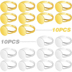 20 Pieces Metal Blank Rings Adjustable Finger Ring Flat 12mm Round Ring Base Blanks Jewelry Findings Components for Rings Making DIY Crafts, Golden, Silver