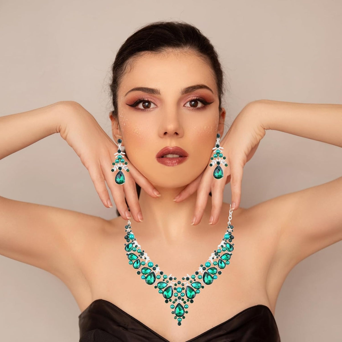 Jewelry Set for Women, 1 Set Green Pearl Crystal Necklace and Dangle Earrings Elegant Bridal Floral Cluster Teardrop Statement Necklace Earrings for Party Prom Gifts