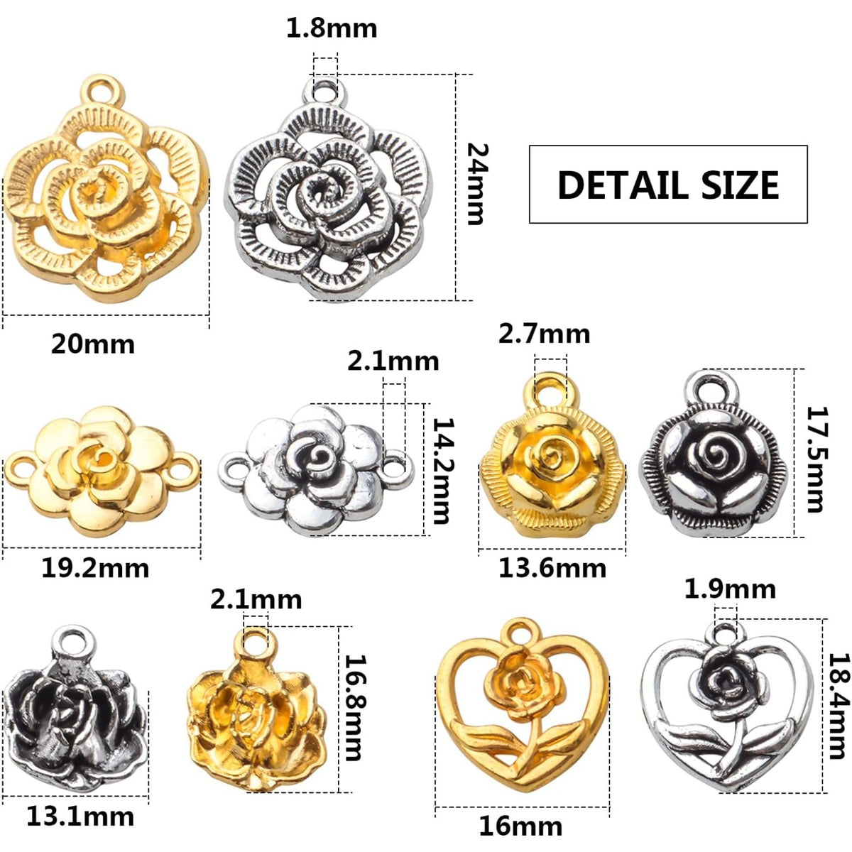 50pcs Rose Charms Pendants Alloy Rose Flower Charms Flower Connector Charms Rose Bead Charms for DIY Earrings Bracelet Necklace Jewelry Crafts Making Finding,5 Styles