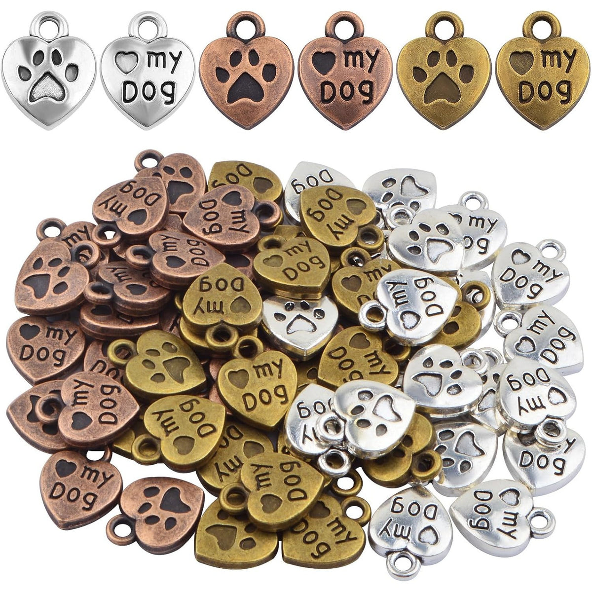 60pcs Love My Dog Lettering Word Charms Tibetan Alloy Heart Dog Paw Print Pendants Double-Sided Animal Pet Puppy Footprint Charms for DIY Necklace Bracelet Jewelry Making, 3 Colors
