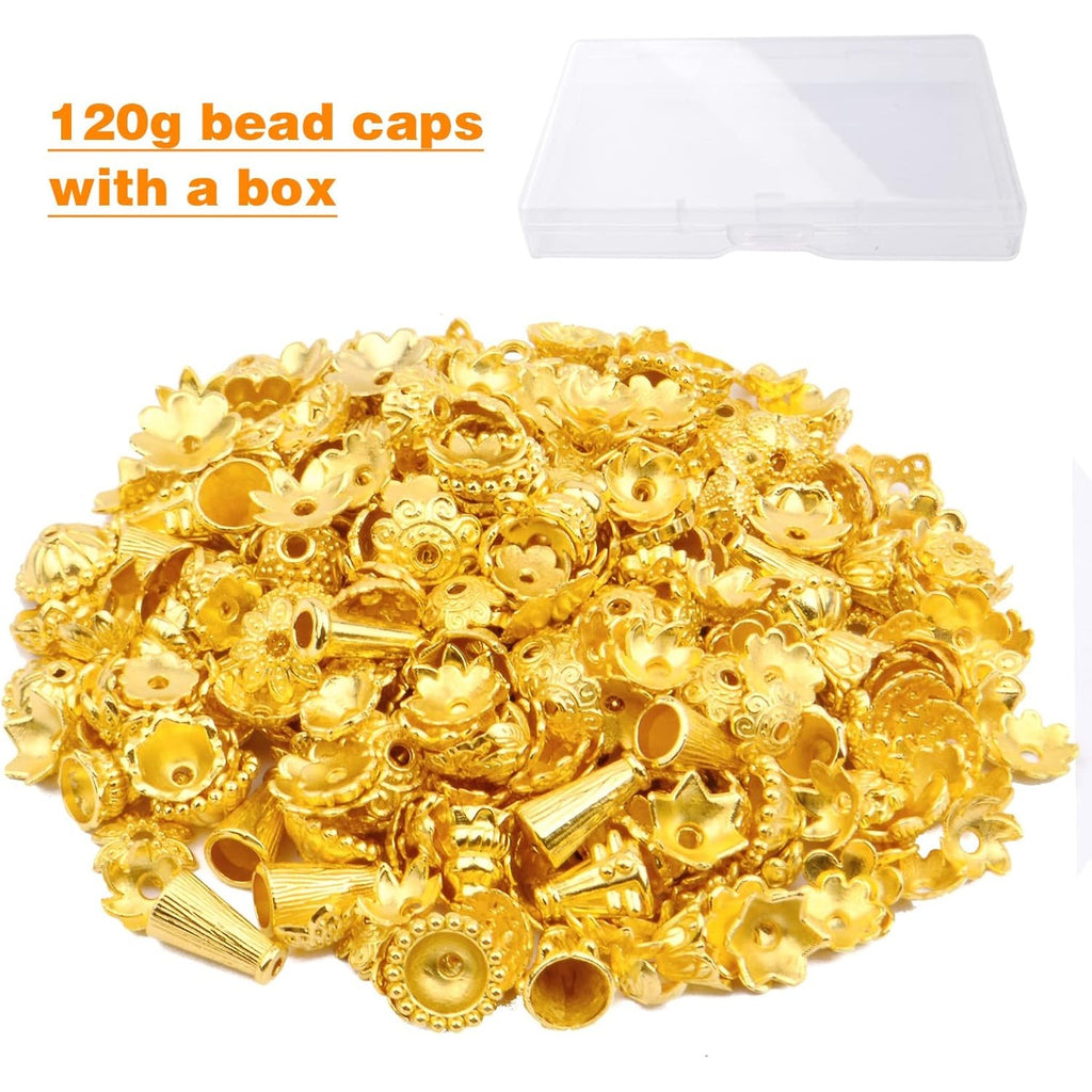 120g Bead Caps with A Clear Storage Box, Tibetan Gold Beads Spacers Jewelry Findings Accessories for Jewelry Making 300-350 Pieces