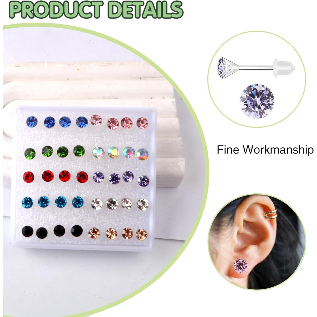 140 Pieces Colorful Rhinestones Earring Studs Hypoallergenic Plastic Resin Post Earrings with Earring Backs for Women Sensitive Ears Party Decoration Gift, 3mm 4mm 5mm 6mm