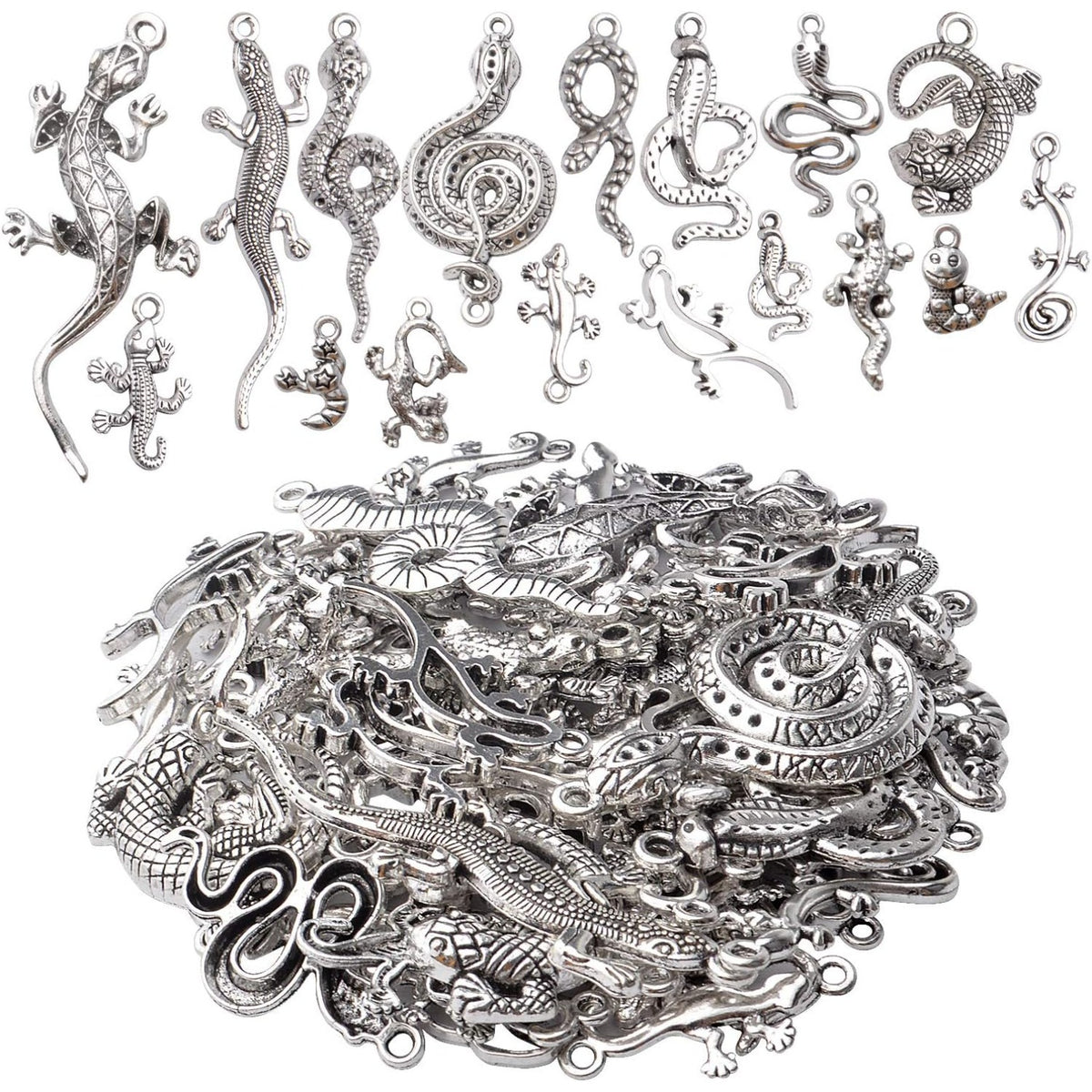 100g Craft Supplies Antique Silver Snake & Lizard Charms Alloy Mixed Style Animal Charms for Bracelet & Necklace Jewelry Making Accessories