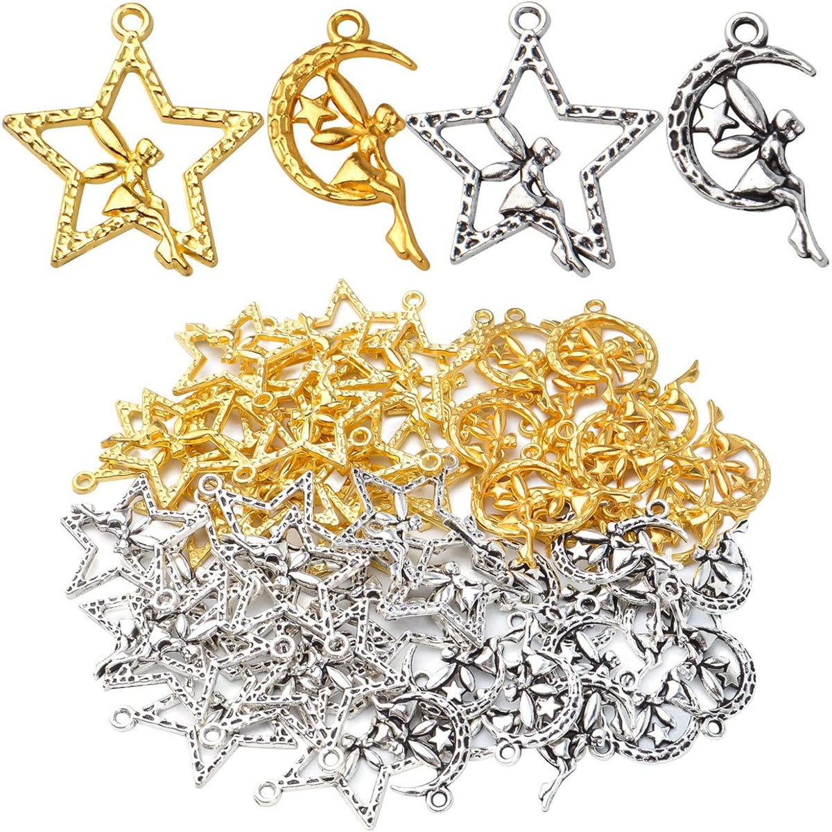 60pcs Fairy Moon Star Charms Alloy Angel Fairy Charms Pendants Crafts Supplies for DIY Jewelry Earrings Necklace Bracelet Making Accessory
