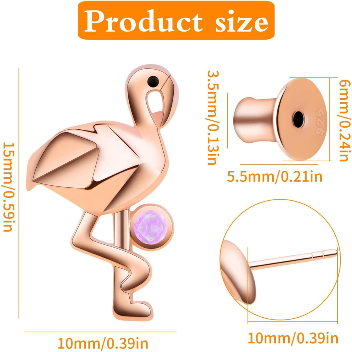 S925 Sterling Silver Flamingo Stud Earrings Large Waterfowl Tropical Bird Flamingo Earring Posts Hawaiian Summer Beach Gifts with Screw Ear Backs for Women