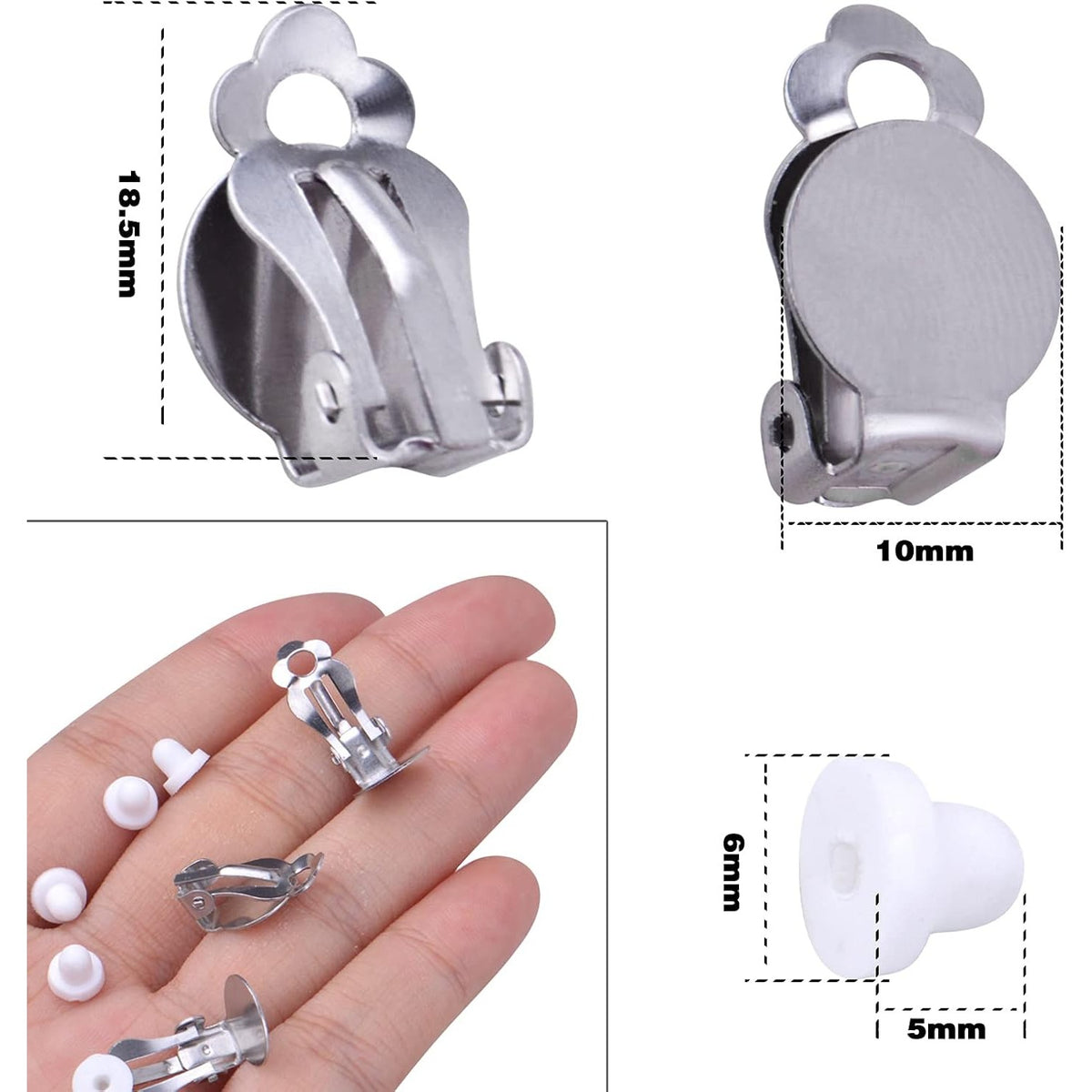 20pcs Round Flat Back Tray Earring Clips Stainless Steel Non-Pierced Earrings Converter Components with 20pcs Silicone Earring Findings Pad Base for DIY Jewelry Making