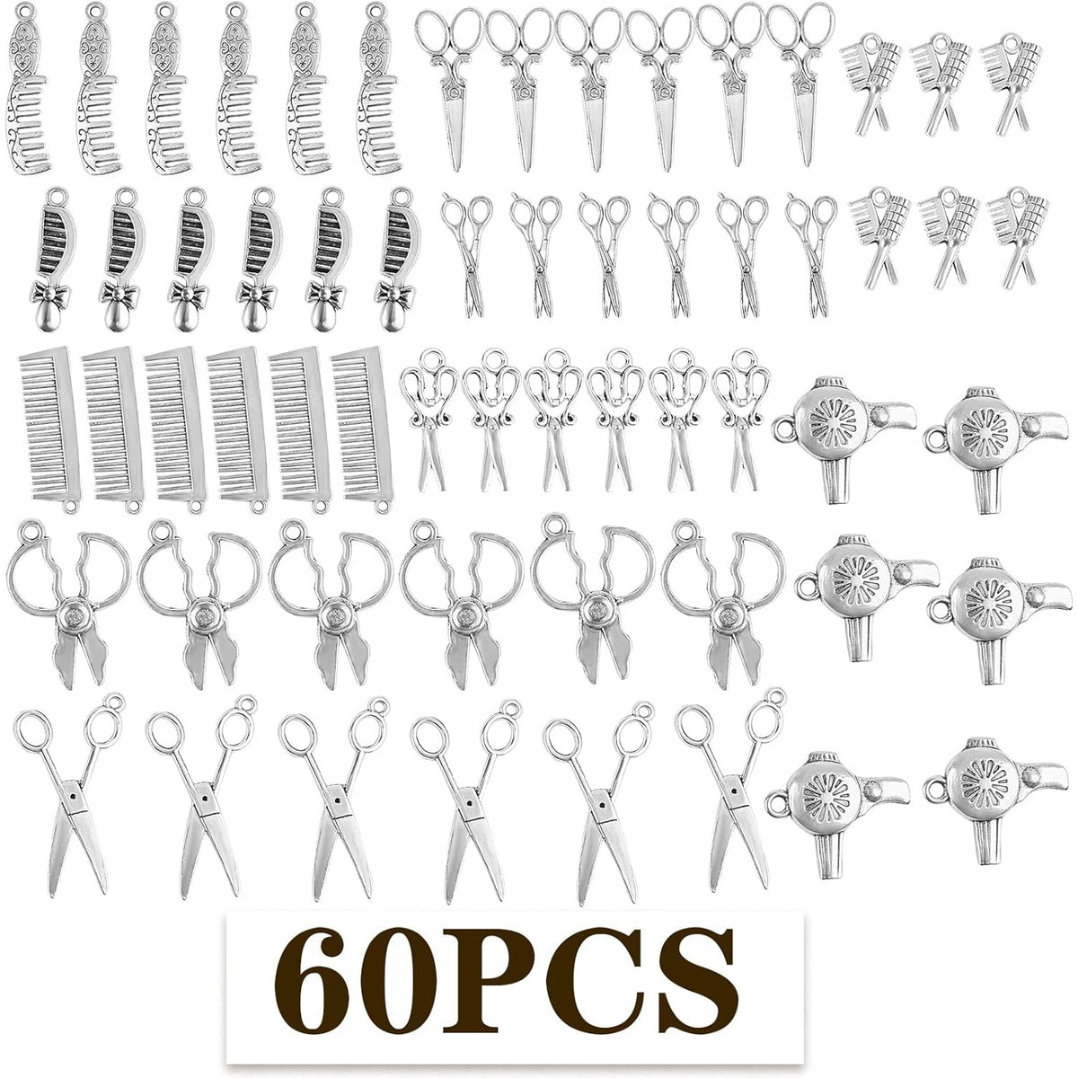 60pcs 10 Styles Hairdresser Charms Collection Hair Stylist Charms Pendant Scissor Comb Hairdressing Tools for DIY Necklace Bracelet Jewelry Making