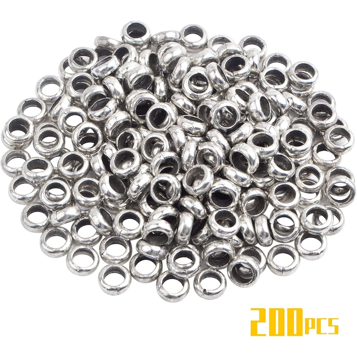 200pcs Antique Silver Large Hole Round Spacer Beads Tibetan Alloy Rondelle Spacer Beads Tiny Smooth Loose Beads for DIY Bracelet Necklace Jewelry Craft Making, Hole: 4.5 mm