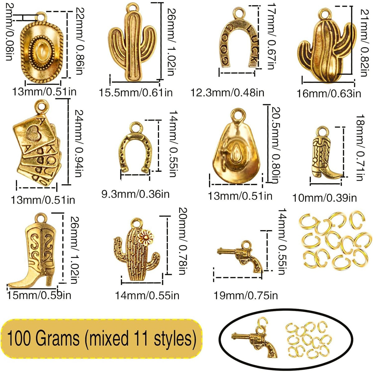 100 Grams Alloy Western Cowbo Cowgi Charms Antique Silver Mixed Cowb Boot Hat Horseshoe Dangle Pendants with 80pcs Split Rings for DIY Necklace Bracelet Earrings Jewelry Making