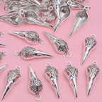 50pcs Antique Silver Skull Bird Head Charms Tibetan Style Alloy Raven Bird Skull Skeleton Pendant Charms for Halloween Witch Pagan DIY Jewelry Making