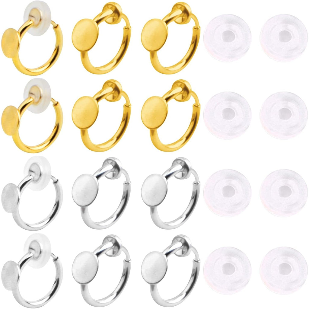 12pcs 2 Colors Clip-on Earring Converters Brass Earring Clips Components with 6 mm Flat Round Pad and 12pcs Clear Earring Cushions for Non-Pierced Ears DIY Jewelry Making Supplies