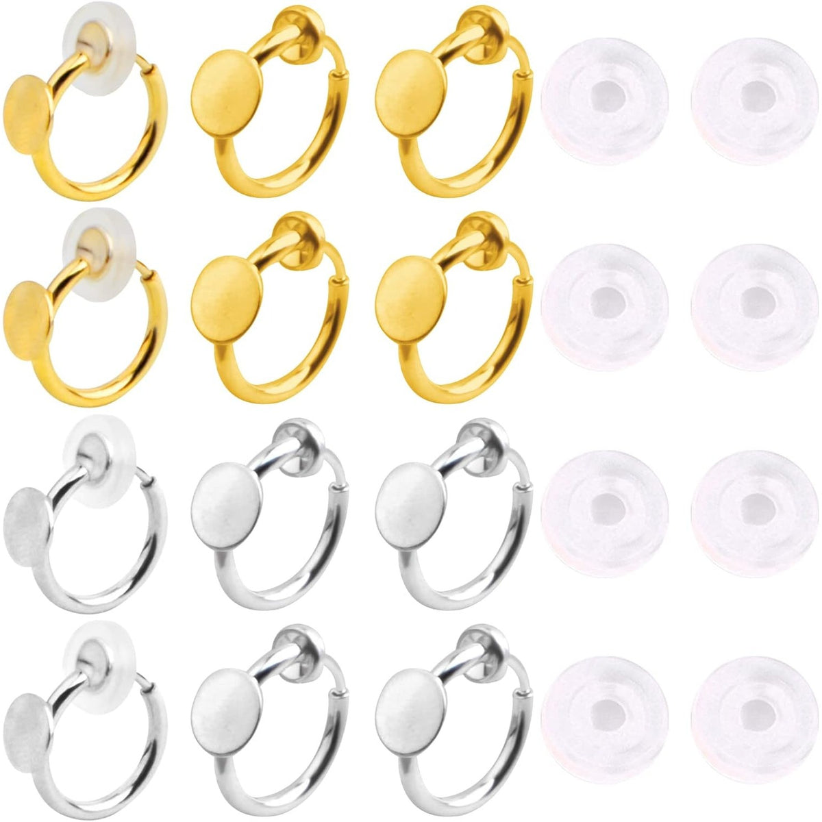 12pcs 2 Colors Clip-on Earring Converters Brass Earring Clips Components with 6 mm Flat Round Pad and 12pcs Clear Earring Cushions for Non-Pierced Ears DIY Jewelry Making Supplies