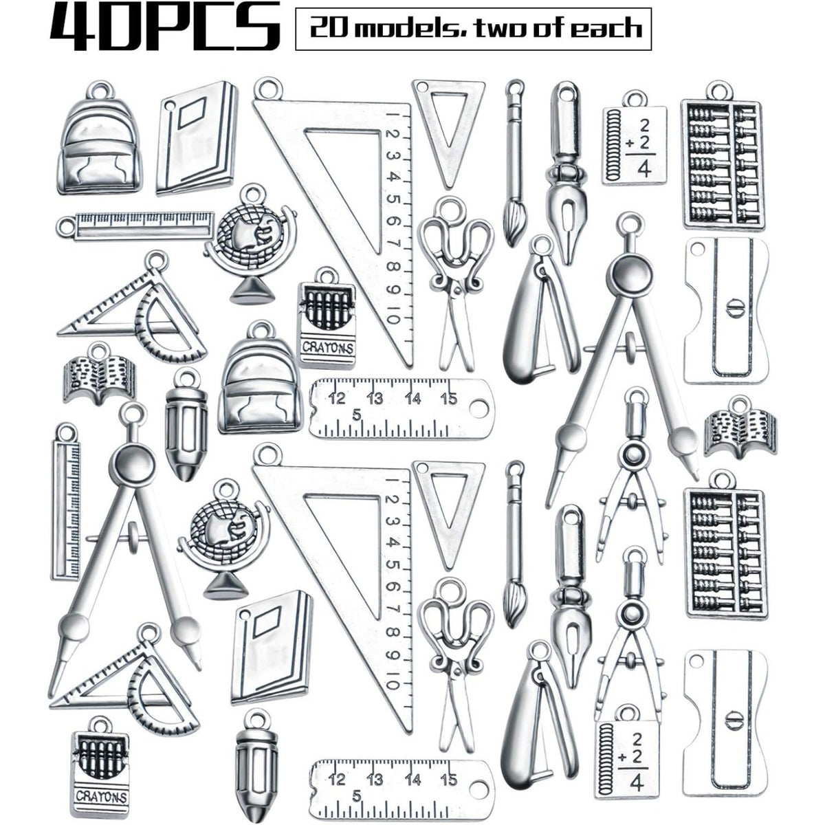 40pcs Craft Supplies Antique Silver Alloy School Teacher Charms Pendant Ruler Pencil Compasses Charm Pendants for DIY Jewelry Making Crafting Findings Accessory