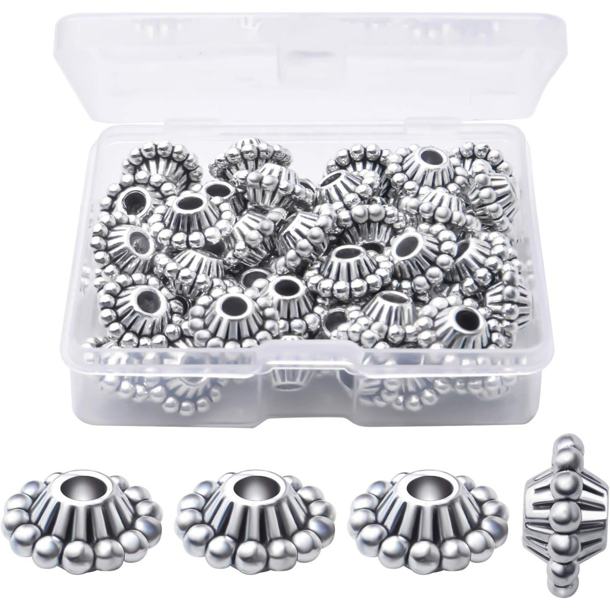50pcs 11mm Antique Silver Flower Spacer Bead Tibetan Alloy Spacers European Large Hole Beads Jewelry Spacer Charm with A Box for Bracelet DIY Crafts Jewelry Making