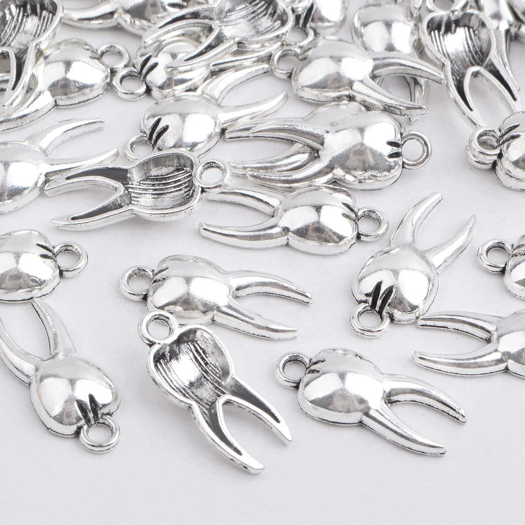 100pcs Antique Silver Teeth Pendant Charms Vintage Alloy Tooth-Shaped Dangle Pendants Craft Supplies for DIY Necklace Bracelet Jewelry Making Findings, 19 x 8 mm