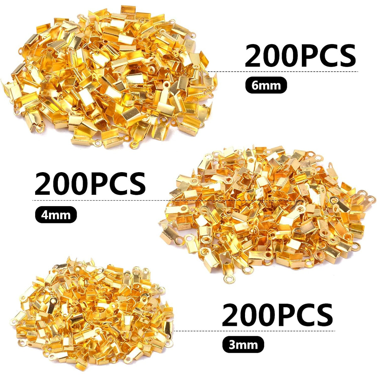 600pcs 3 Sizes Gold Plated Fold Over Cord Ends Metal Fold-Over Crimp End Caps Leather Ribbon Ending Terminators Clamp End Tips Jewelry Connector for Jewelry Making Accessories