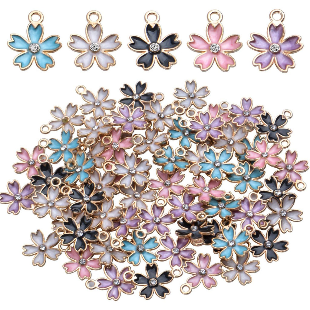 50pcs Cherry Blossom Pendant Enamel Flower Charms Jewelry Making Accessories for DIY Necklace Bracelet,14 * 17mm,5 Colors