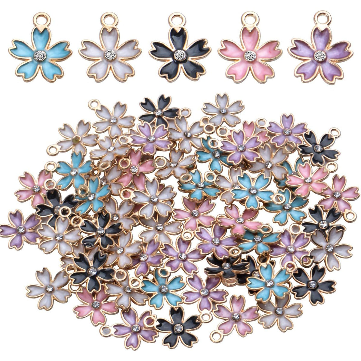 50pcs Cherry Blossom Pendant Enamel Flower Charms Jewelry Making Accessories for DIY Necklace Bracelet,14 * 17mm,5 Colors