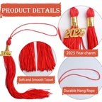 10pcs Graduation Tassels Red Handmade Tassel Grad Cap Decorations with 10pcs Golden 2025 Year Date Charms for 2025 Graduates Graduation Hats Ceremonies Parties Celebrations