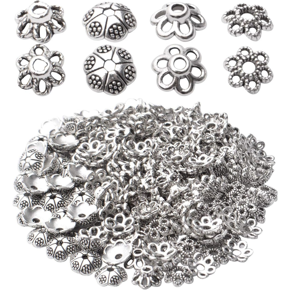 200pcs Antique Silver Flower Bead Caps Alloy Tibetan Style Bead End Caps Spacer Cap Beads Jewelry Caps for Bracelet Necklace Earrings Jewelry Making Supplies, 4 Styles