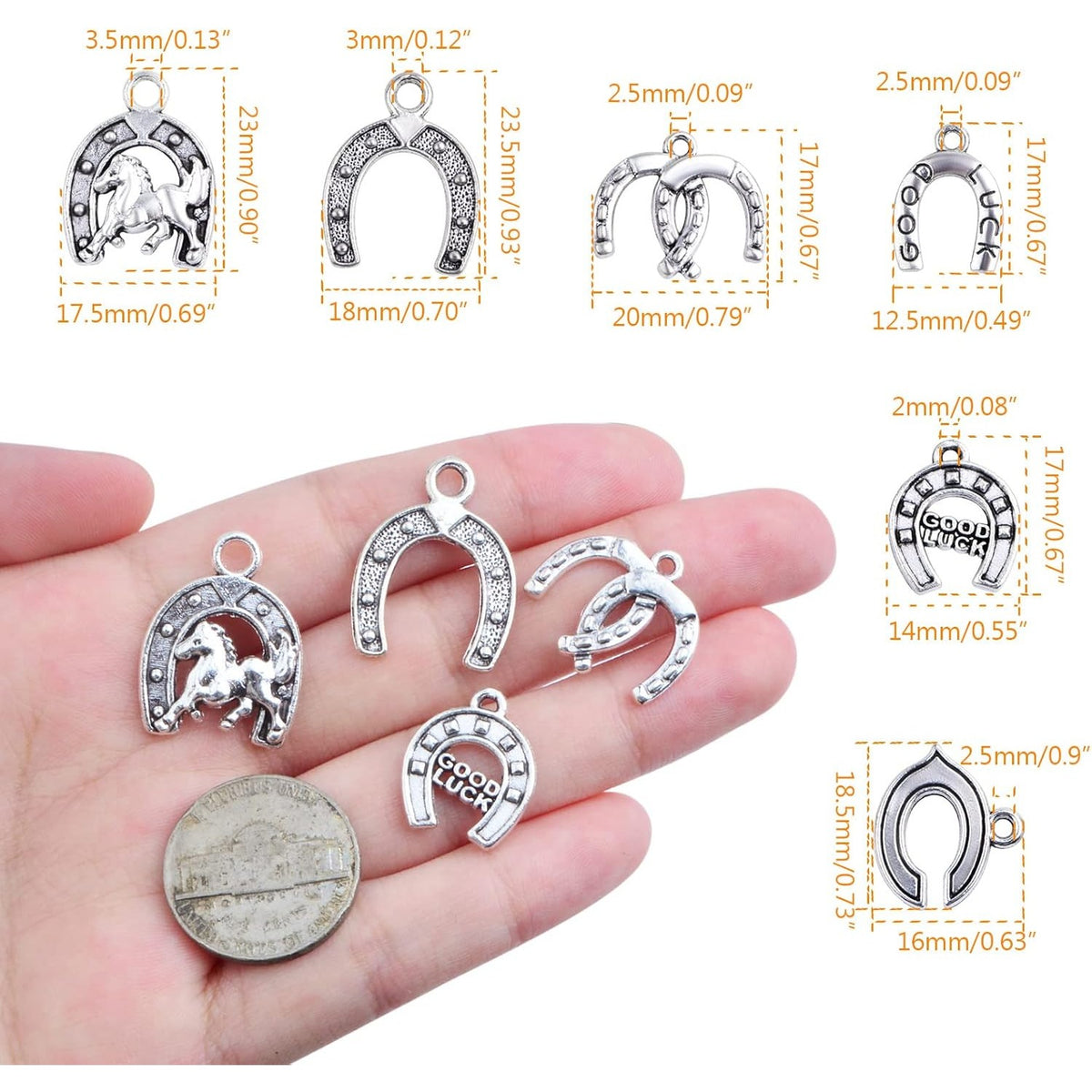 60pcs Antique Silver Horseshoe Charms Vintage Alloy Western Lucky U Shape Horseshoe Dangle Pendants for DIY Bracelet Necklace Earrings Jewelry Making, 6 Styles