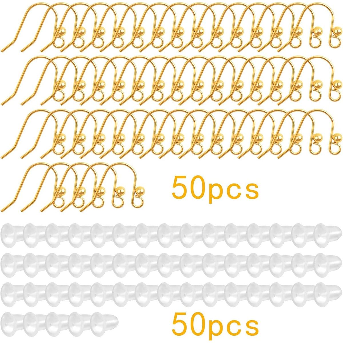 50pcs Stainless Steel Earring Hooks Hypo-allergenic French Ear Wires Hooks with Ball and 50pcs Clear Earring Safety Backs for DIY Earrings Jewelry Making, Golden