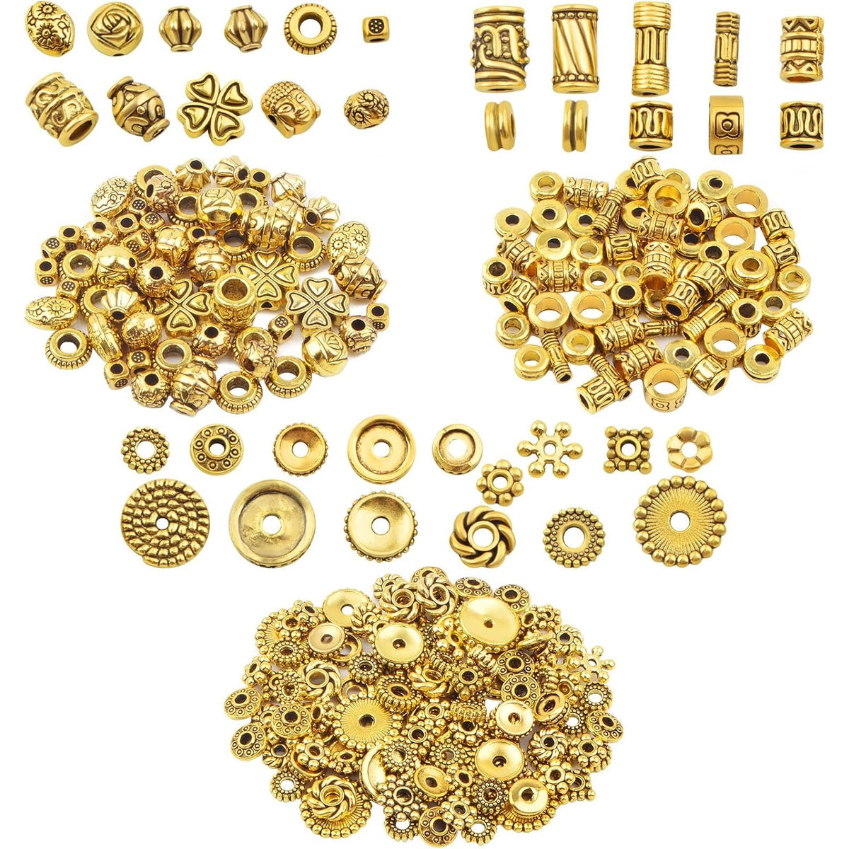 100 Gram Mixed Styles Tibetan Alloy Spacer Beads - Antique Golden Round Column Tube Loose Beads - Jewelry Findings Accessories for DIY Necklace Bracelet Earrings Craft Supplies