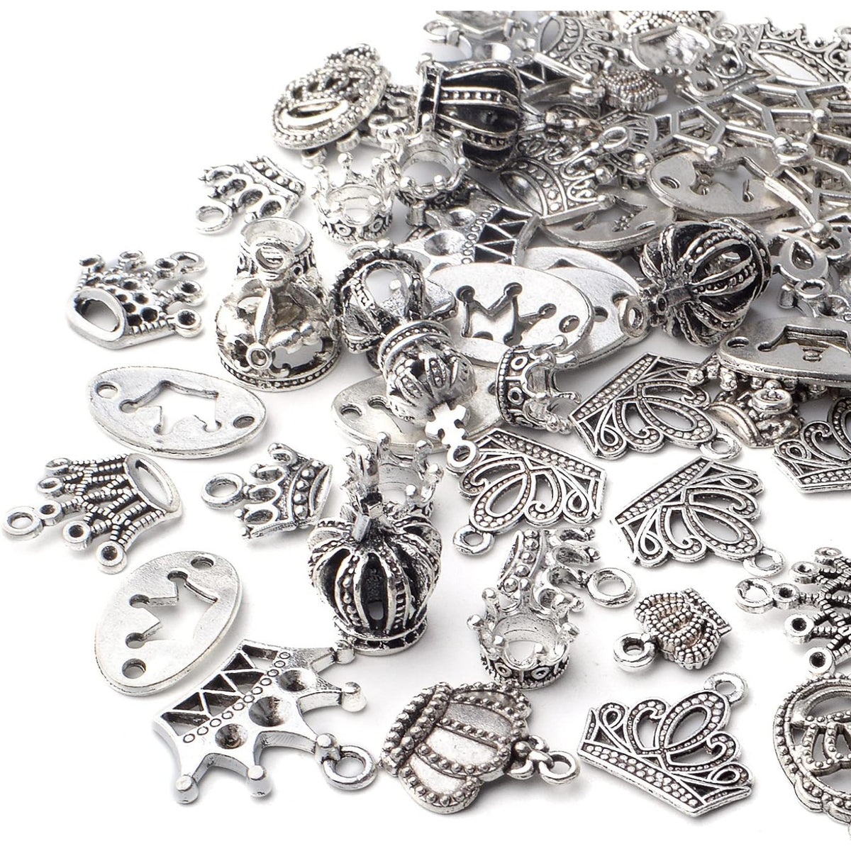 100g Antique Silver King Crown Charms Alloy Crown Pendant Charms Mixed Styles Jewelry Crown Charms for DIY Bracelet Jewelry Making Crafts Supplies