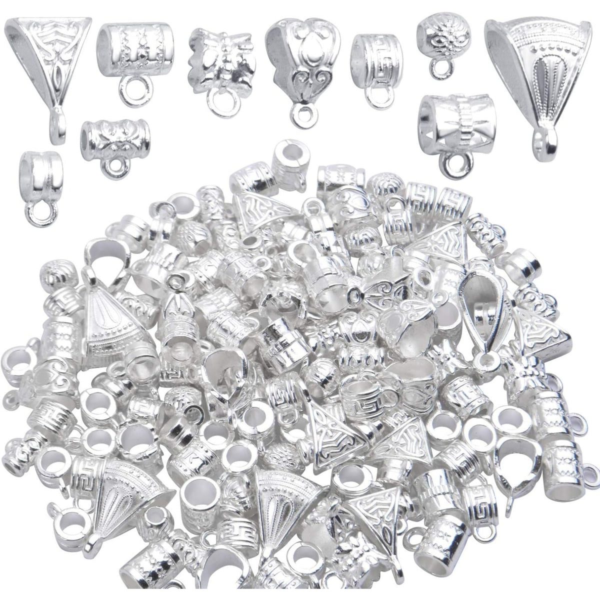100g (About 120-170pcs) Mixed Bright Silver Bail Beads,Spacer Bead,Bail Tube Beads,Bracelet Charms,Necklace Pendants for Jewelry and Craft Making