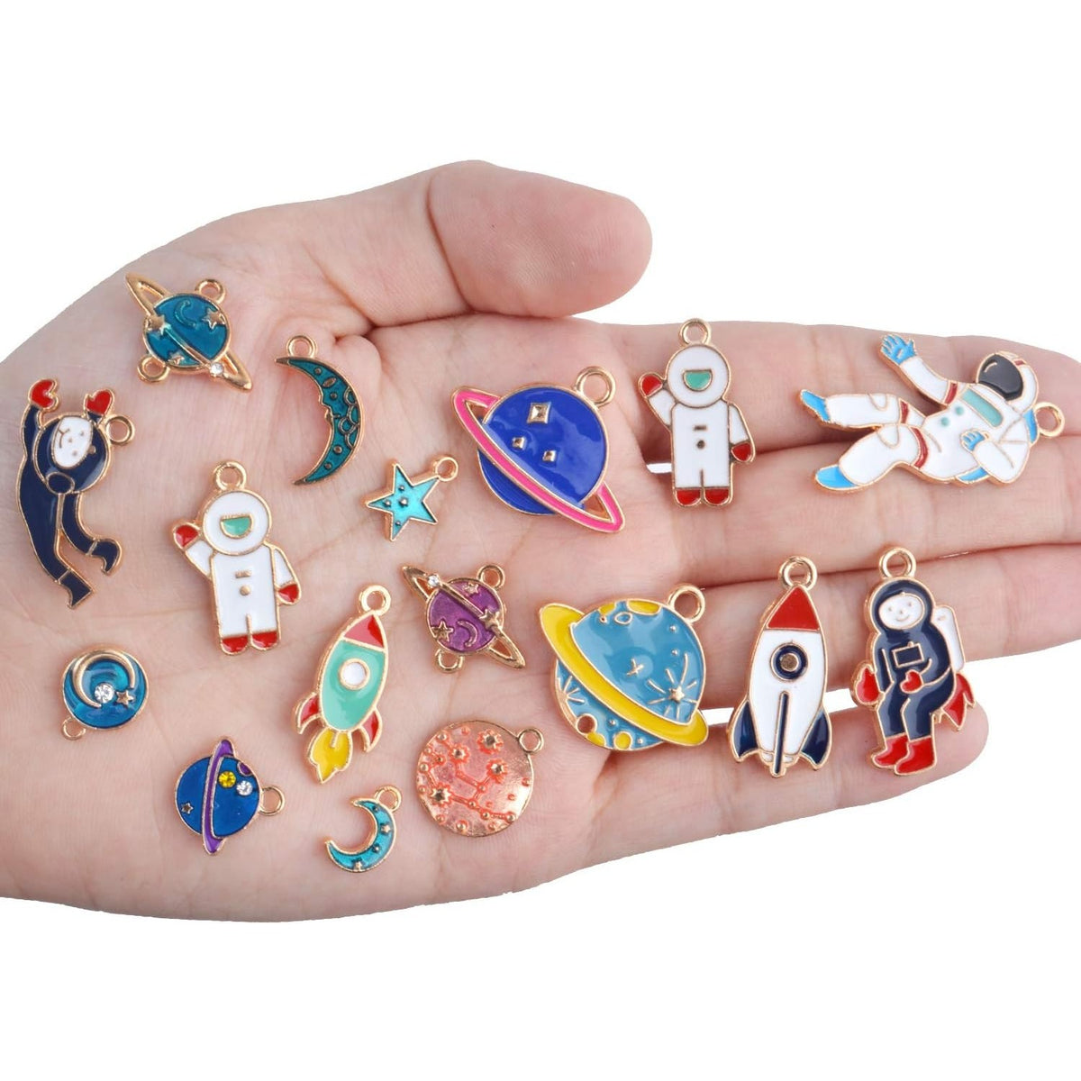Space Themed Charms,20pcs Assorted Gold Plated Enamel Planet Astronaut Charm Pendant for Jewelry DIY Craft