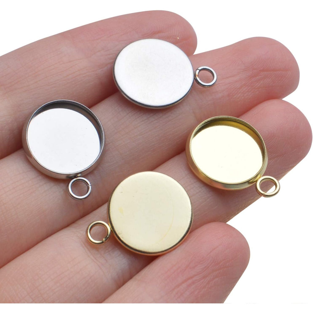 Stainless Steel Bezel Pendant Round Blank Trays, 50 Pcs - Cabochon Settings for Necklace & Earring DIY Jewelry Making