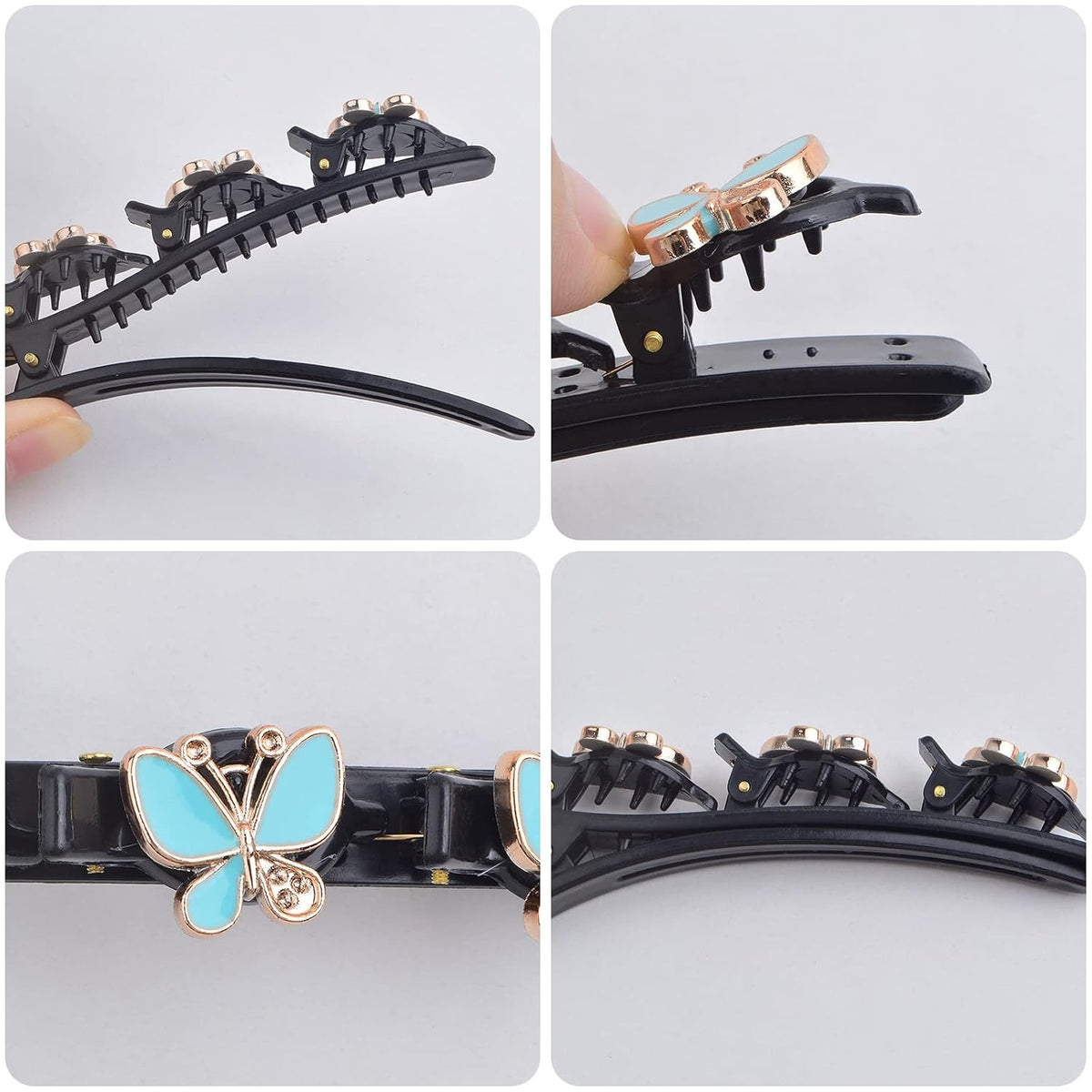 8pcs Butterfly Shape Braided Hair Clips with 3 Small Clips on Top Double Layer Rsvelte Hair Clip Barrettes with Butterfly for Women Girls Hair Sectioning Styling, 4 Colors