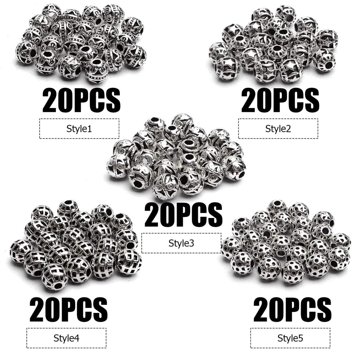 100pcs Tibetan Antique Silver Round Spacer Beads Hollow Spacer Charm Beads for Necklace Bracelet Crafts Jewelry Making,5 Styles