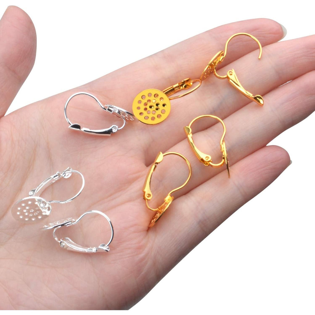 Lever Back Earring Components, 20pcs Brass Leverback Ear Wires Hook Clip Earring Findings with 12mm Round Mesh Pad for Earring Designs Jewelry Making