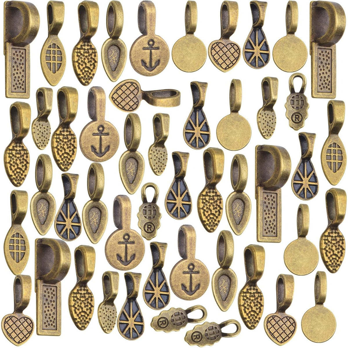 100 Gram Mixed Styles Tibetan Glue-on Bails Pendants Alloy Pendant Bails Tags Glass Cabochon Tiles for DIY Necklace Bracelet Earrings Jewelry Making, Antique Bronze