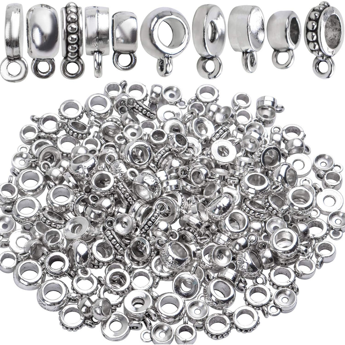 100g (About 100-150pcs) Tibetan Silver Bail Beads Jewelry Connector Bails Beads for Necklace Bracelet Jewelry Making,5 Styles