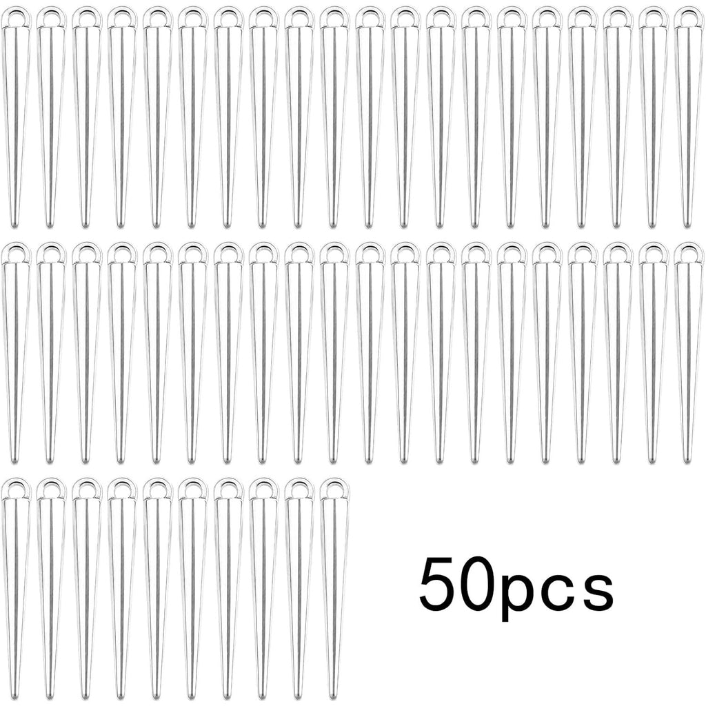 50pcs Antique Silver Spike Bead Pendants Tibetan Alloy Long Bullet Spike Charms Vintage Cone Shape Dangle Pendants for DIY Necklace Earrings Jewelry Making Supplies