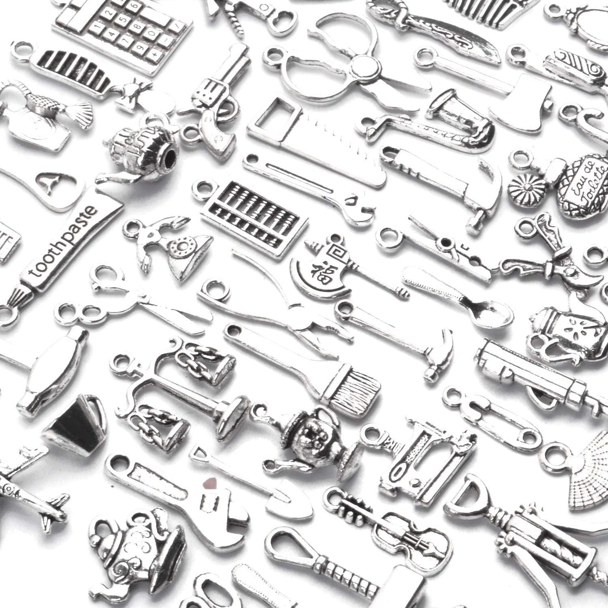 60pcs Silver Home Tools Charms Mixed Styles Vintage Pendants Jewelry Charm Connector Craft Supplies for DIY Necklace Bracelet Making and Crafting