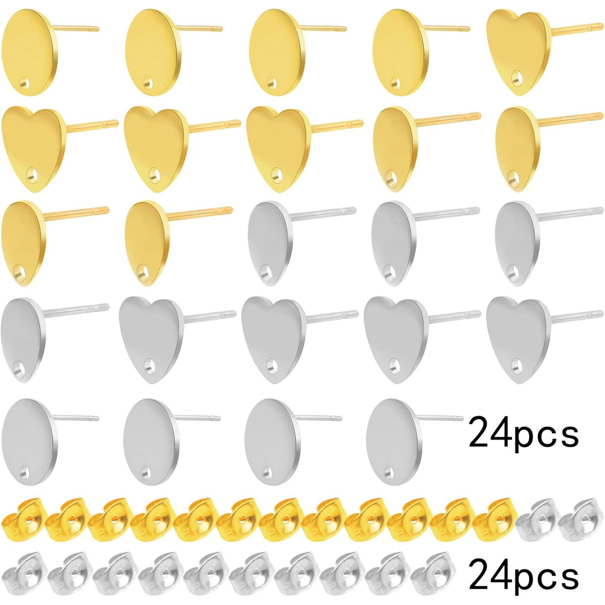 24pcs 3 Styles Stainless Steel Earring Posts with Loop Blank Round Heart Teardrop Shape Stud Earrings and 24pcs Butterfly Earring Backs for DIY Jewelry Making Supplies, 2 Colors