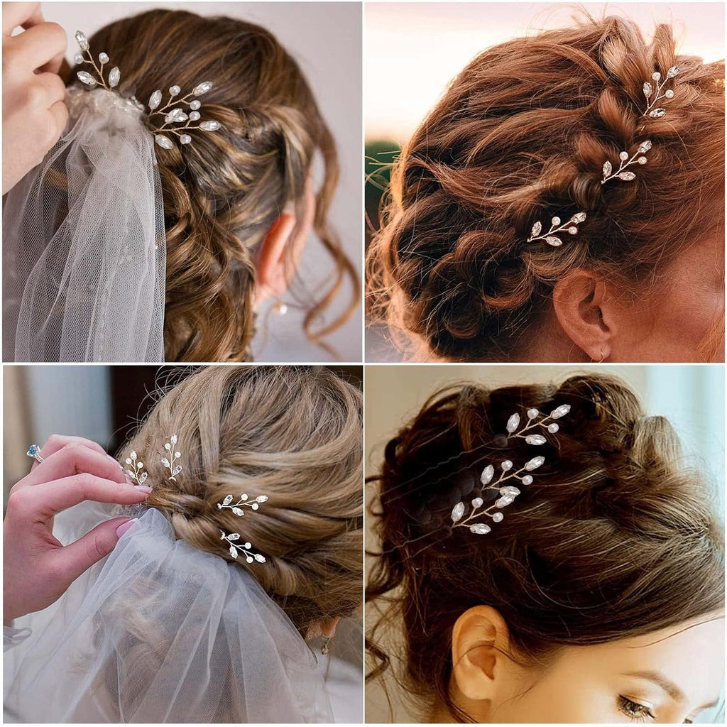 6pcs Pearl Rhinestone Hairpins Clips U-shaped Pearl Embellished Bobby Pins Headpiece Bridal Hair Accessories with a Plastic Box for Women Bride Bridesmaid Wedding Birthday, 2 Colors