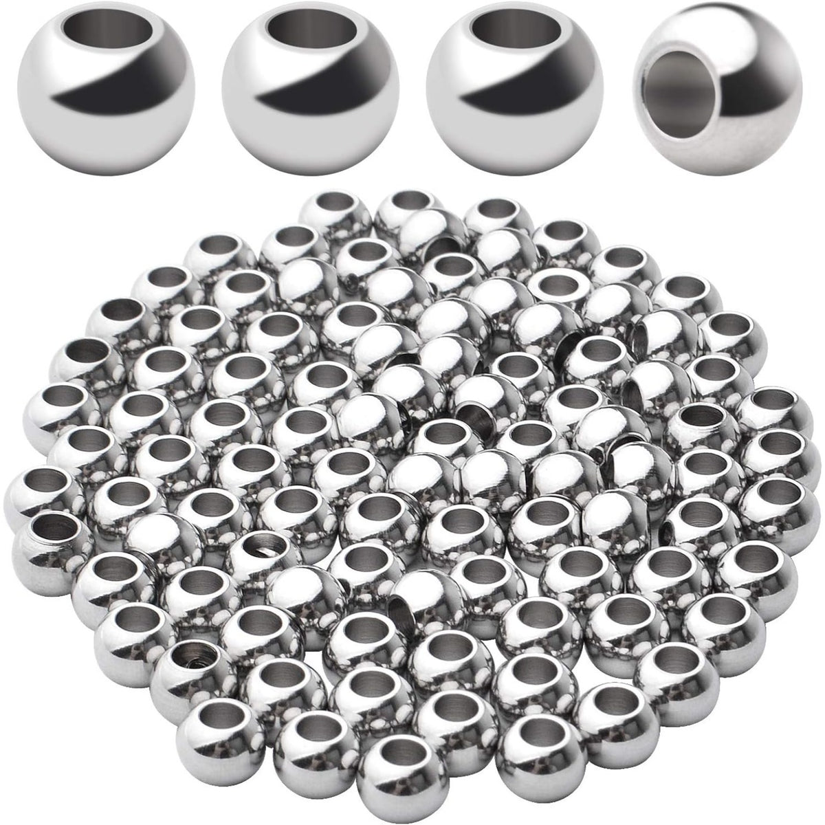 100pcs Smooth Round Spacer Beads 304 Stainless Steel Rondelle Beads Spacers Seamless Loose Beads for DIY Crafts Jewelry Bracelet Necklace Making(6×4mm, Hole:3mm)